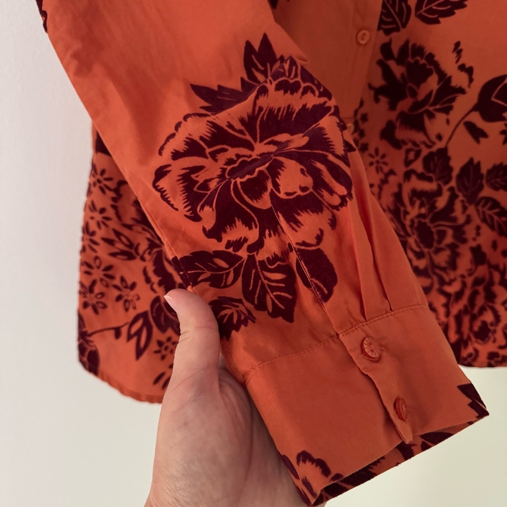 Sundance Velvet Vignette Long Sleeve Button Shirt, Orange w/Burgundy Floral, S - Picture 9 of 13